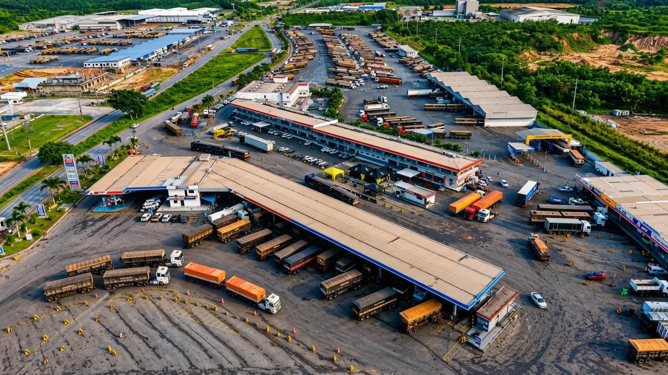 Vista aérea do Complexo Valen, com pátios, caminhões e estruturas de atendimento